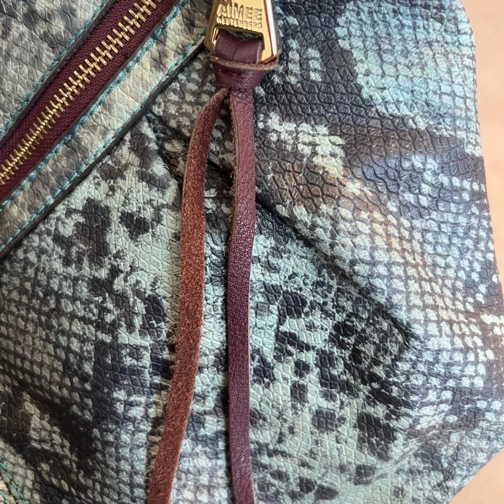Aimee Kestenberg Leather Hobo Bag Aqua/Teal Snake Print Brown leather Handle